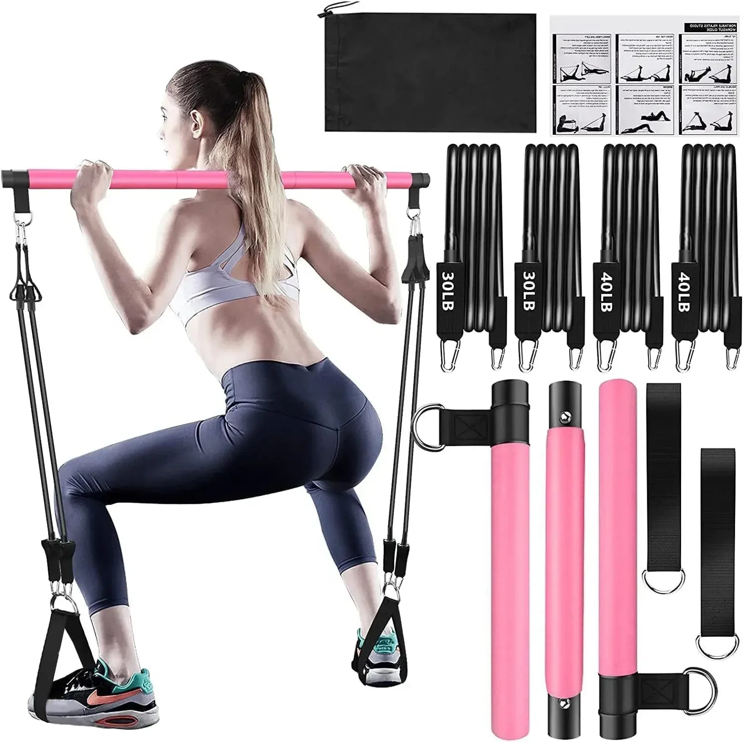 Portable Yoga Pilates Bar Stick with Resistance Band Home Gym Muscle Toning Bar Fitness Stretching Sports Body Workout Exercise