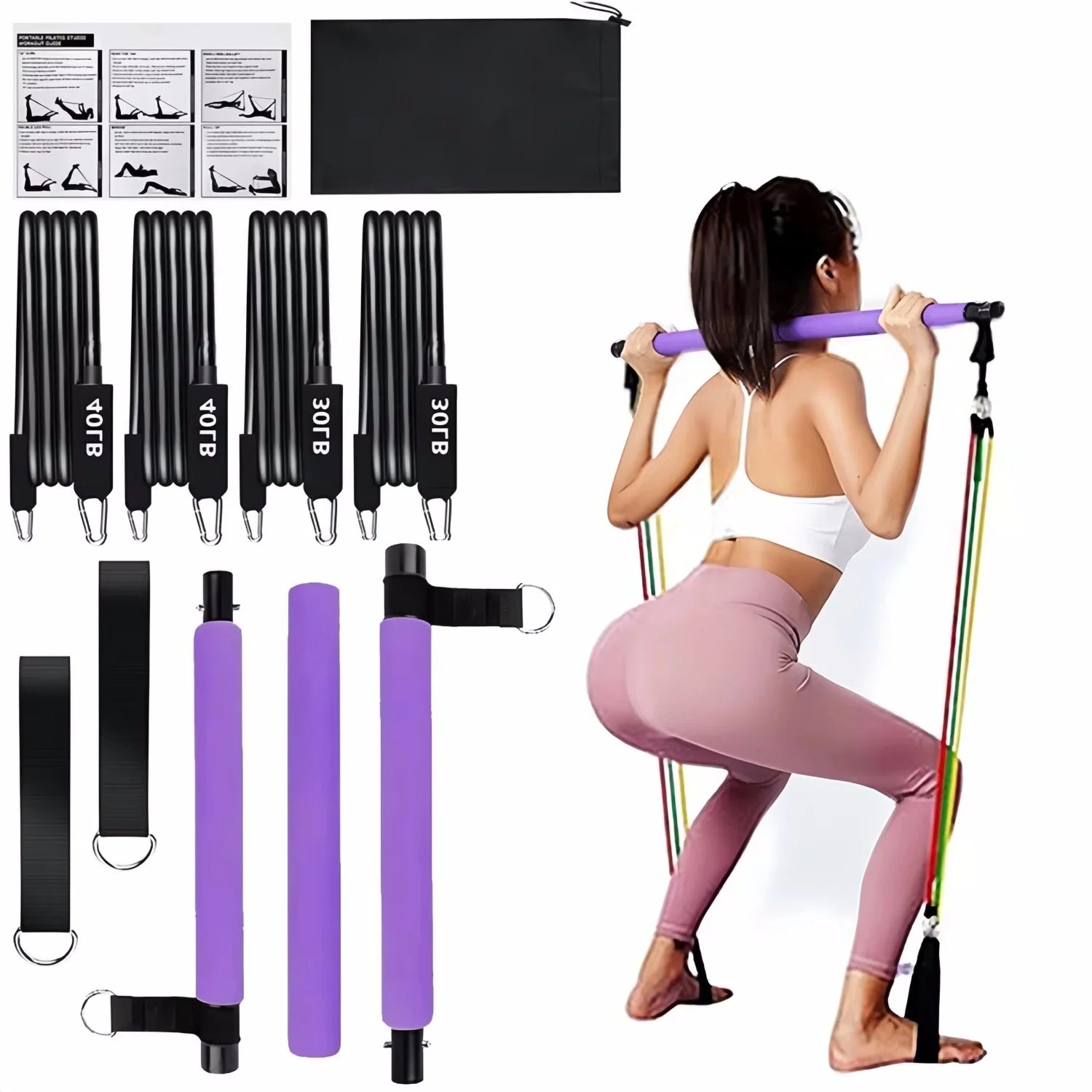 Portable Yoga Pilates Bar Stick with Resistance Band Home Gym Muscle Toning Bar Fitness Stretching Sports Body Workout Exercise
